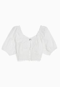BERSHKA Short Sleeve With Swiss Embroidery And Shirred Detail - Blouse - Off White -Bershka 0167eb2926a84d9ba59b2dbb355f4142