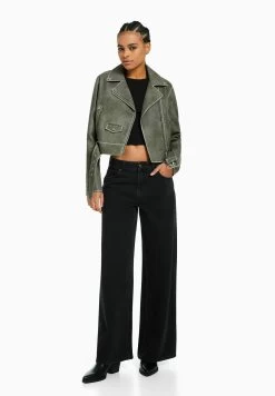 BERSHKA Faded Belted - Imitatieleren Jas - Dark Grey