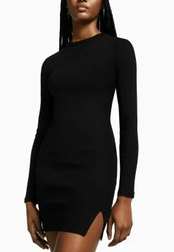 BERSHKA Long Sleeve Mini- Etui-Jurk - Black
