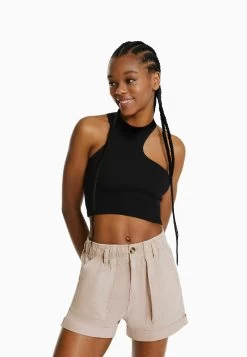 BERSHKA Paperbag- Jeansshort - Pink