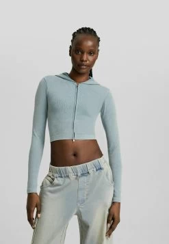 BERSHKA Cropped Seamless - Sweater Met Rits - Blue