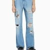 BERSHKA Wide-Leg Ripped - Flared Jeans - Light Blue Denim