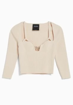 BERSHKA Neckline With Beading Detail - Trui - Beige -Bershka 09ea09e1edd0425a9fbf8ca3a34cb139