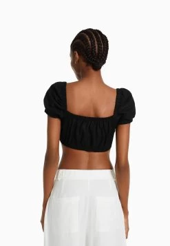 BERSHKA Short Sleeve With Gathered Detail-Crop - Blouse - Black -Bershka 0aae3d3ded02413fa4f9173d41dd2129