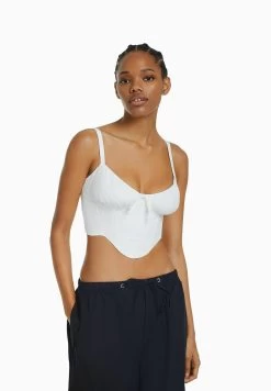 BERSHKA Cropped With Straps - Corset- Top - Off White