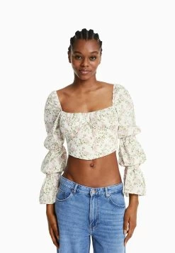 BERSHKA Cropped Long Sleeve- Blouse - Brown -Bershka 0d1a4b39cf584509be210c8563313d4a