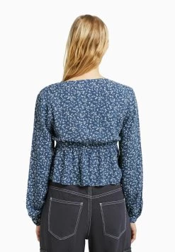 BERSHKA Floral Print With Bow - Blouse - Royal Blue -Bershka 0e4c2b1c5ef1493d840d14c189859f5e