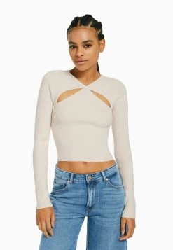 BERSHKA Cut-Out Double-Breasted - Trui - Beige