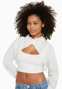 BERSHKA Long Sleeve Crossover - Cropped - Overhemdblouse - Off White -Bershka 1083e32d5cac460a82a90ebad6501764