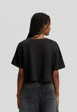 BERSHKA Short Sleeve- Cropped - T-Shirt Print - Dark Grey -Bershka 10b53e71aca84260b220ea58b440f277