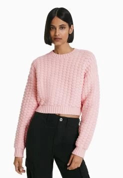 BERSHKA Textured- Trui - Light Pink