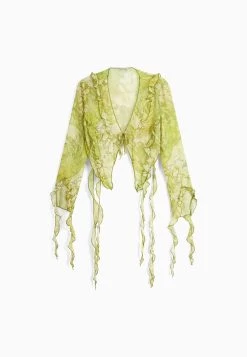 BERSHKA Long Sleeve With Ruffles And Print - Blouse - Green -Bershka 116bc609b5234308aab6bf8de978bdd5