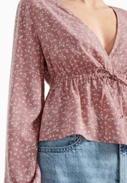 BERSHKA Floral Print With Bow - Blouse - Pink -Bershka 11f2db4c761048d585a3f81fe683c2aa