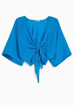 BERSHKA Rustic Short Sleeve Kimono Effect - Blouse - Blue -Bershka 122b40cea1954f808b94000286b2b3ed