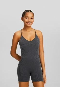 BERSHKA Faded Textured Seamless- Jumpsuit - Black