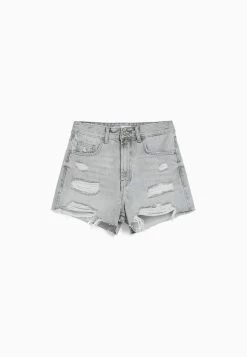 BERSHKA Ripped With Pockets - Jeansshort - Mottled Light Grey -Bershka 13bd61fa02bb485fb89890207f685373