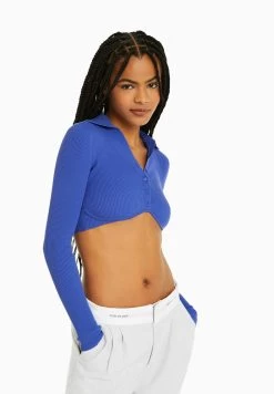 BERSHKA Cropped Buttoned - Vest - Blue