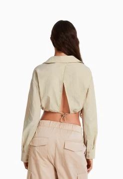 BERSHKA Long Sleeve And Gathered Detail At The Front With Stopper- Blouse - Stone -Bershka 176abbcea8be4d148389d23d0c4efed5