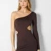 BERSHKA Asymmetric Long Sleeve Cut Out 00485831 - Etui-Jurk - Mottled Dark Brown