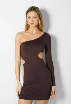 BERSHKA Asymmetric Long Sleeve Cut Out 00485831 - Etui-Jurk - Mottled Dark Brown