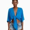 BERSHKA Rustic Short Sleeve Kimono Effect - Blouse - Blue