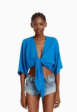 BERSHKA Rustic Short Sleeve Kimono Effect - Blouse - Blue