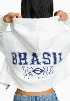 BERSHKA CroppedWith Print- Sweater Met Rits - Beige -Bershka 1ba922a8f47e49c69d1d4f3e82a63b8b