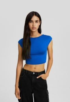 BERSHKA Short Sleeve Open Back - T-Shirt Basic - Blue