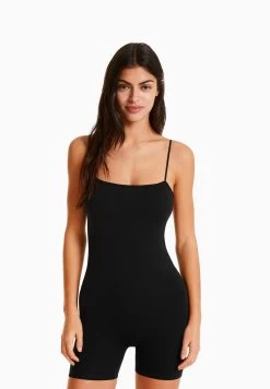 BERSHKA Seamless With Cut Neckline Cycling- Jumpsuit - Black