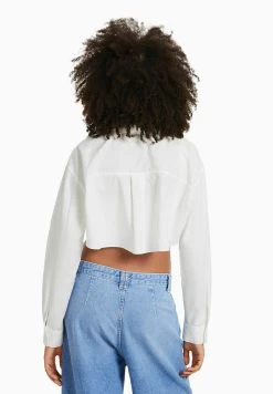BERSHKA Long Sleeve Crossover - Cropped - Overhemdblouse - Off White -Bershka 1ede993bcc7343d28d65c472716770f3