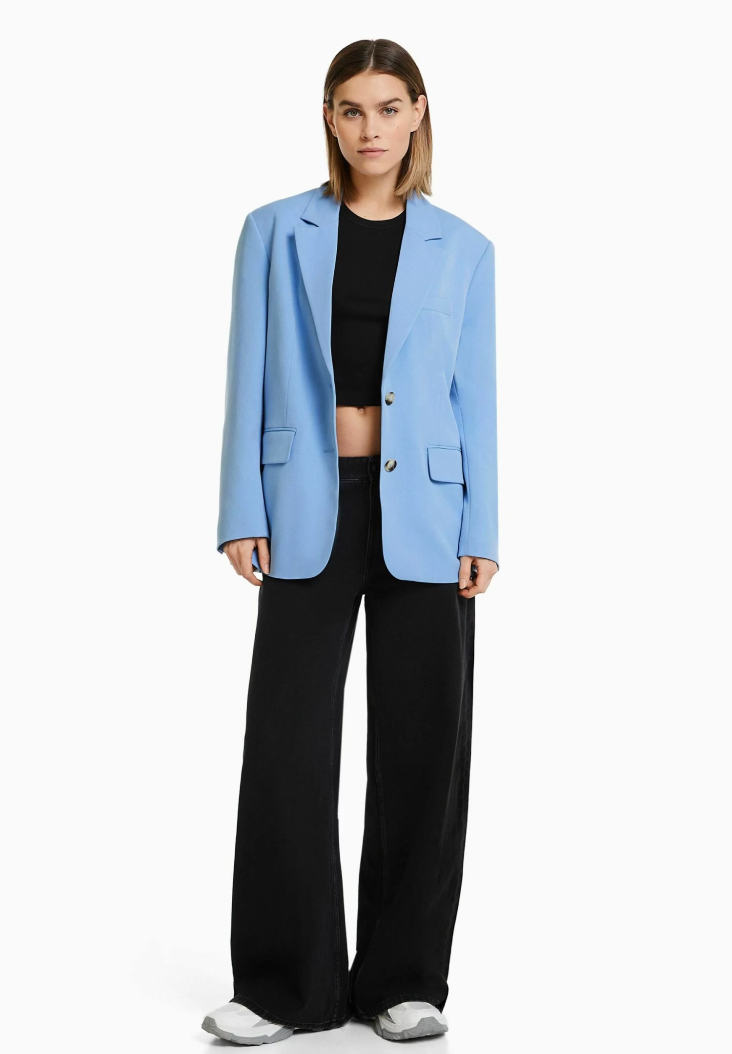BERSHKA Tailored Cut- Halflange Jas - Light Blue 2 BERSHKA Tailored Cut- Halflange Jas - Light Blue - Afbeelding 2
