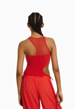 BERSHKA Sleeveless With Cut-Out And Detail- Top - Red -Bershka 2169d1bd72404d1d91853dbbe92d78dd
