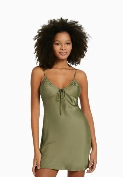 BERSHKA Strappy Flowing With Gathering - Mini - Jurk - Khaki