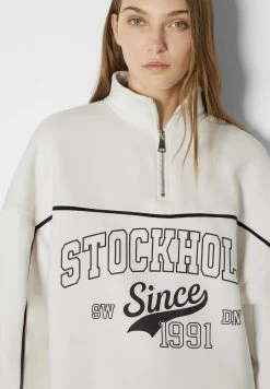 BERSHKA San Diego Print Half Zip - Sweater - White -Bershka 230edf699073497f8ee62b743b4268fb