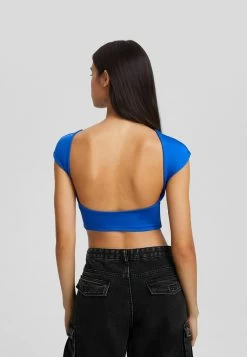 BERSHKA Short Sleeve Open Back - T-Shirt Basic - Blue -Bershka 2420a3805b174ec9967962b169a1c3d7