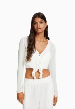 BERSHKA Ruffled Long Sleeve - Blouse - White