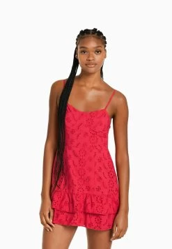 BERSHKA Ruffled With Swiss Embroidery - Jurk - Red