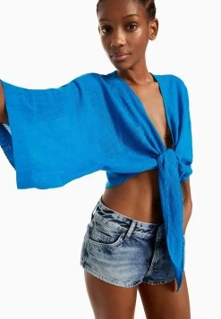 BERSHKA Rustic Short Sleeve Kimono Effect - Blouse - Blue -Bershka 27ad3a2b94e747bcb2e8793dfa5ffa88