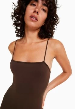 BERSHKA Seamless With Cut Neckline Cycling- Jumpsuit - Brown -Bershka 2bfa47ee0d4a41369c2b64e03c147d8c