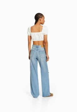 BERSHKA Wide 90S Ripped - Relaxed Fit Jeans - Light Blue Denim -Bershka 2c7b426bdbc94f3188b7398581c43a42