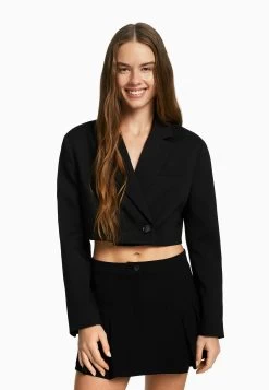 BERSHKA Cropped Tailored Twill- Blazer - Black