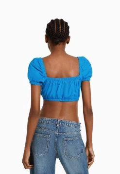 BERSHKA Short Sleeve With Gathered Detail-Crop - Blouse - Blue 8 BERSHKA Short Sleeve With Gathered Detail-Crop - Blouse - Blue -Bershka 2e8f628b53eb4b3c97b3564434137141