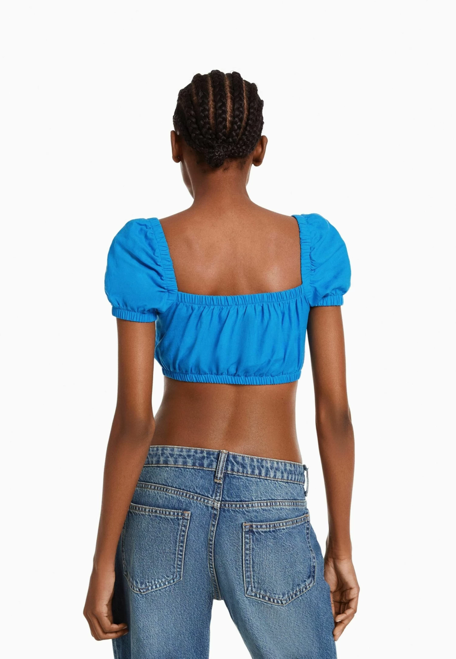 BERSHKA Short Sleeve With Gathered Detail-Crop - Blouse - Blue 3 BERSHKA Short Sleeve With Gathered Detail-Crop - Blouse - Blue - Afbeelding 3