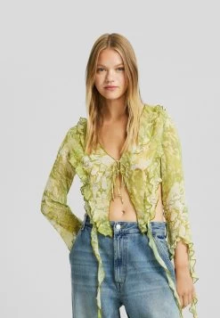 BERSHKA Long Sleeve With Ruffles And Print - Blouse - Green