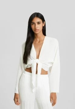 BERSHKA Long Sleeve Knotted- Blouse - White