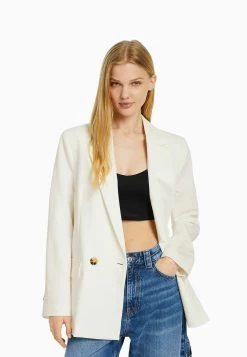 BERSHKA Regular­Fit Tailored - Feminine-Cut Double-Breasted - Halflange Jas - White