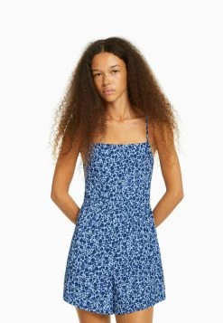 BERSHKA Floral Print With Straps- Jumpsuit - Dark Blue