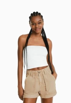 BERSHKA Paperbag- Jeansshort - Camel