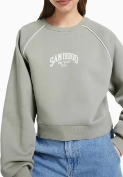 BERSHKA Round Neck Contrast - Print- Sweater - Dark Grey -Bershka 32c25a0b2b25437aaa86820259163f1a