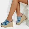 BERSHKA Patchwork - Sandalen Met Sleehak - Blue Denim